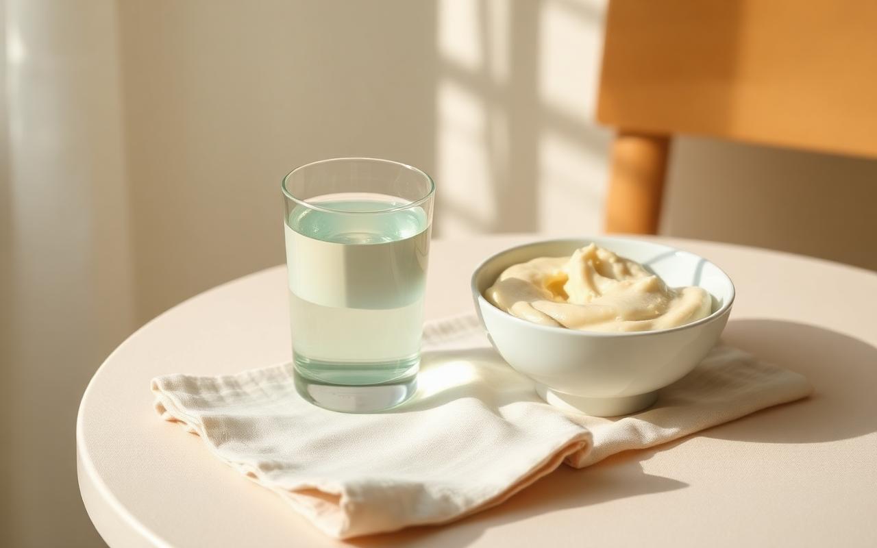 Bicchiere d’acqua e una ciotola di crema su un tavolo