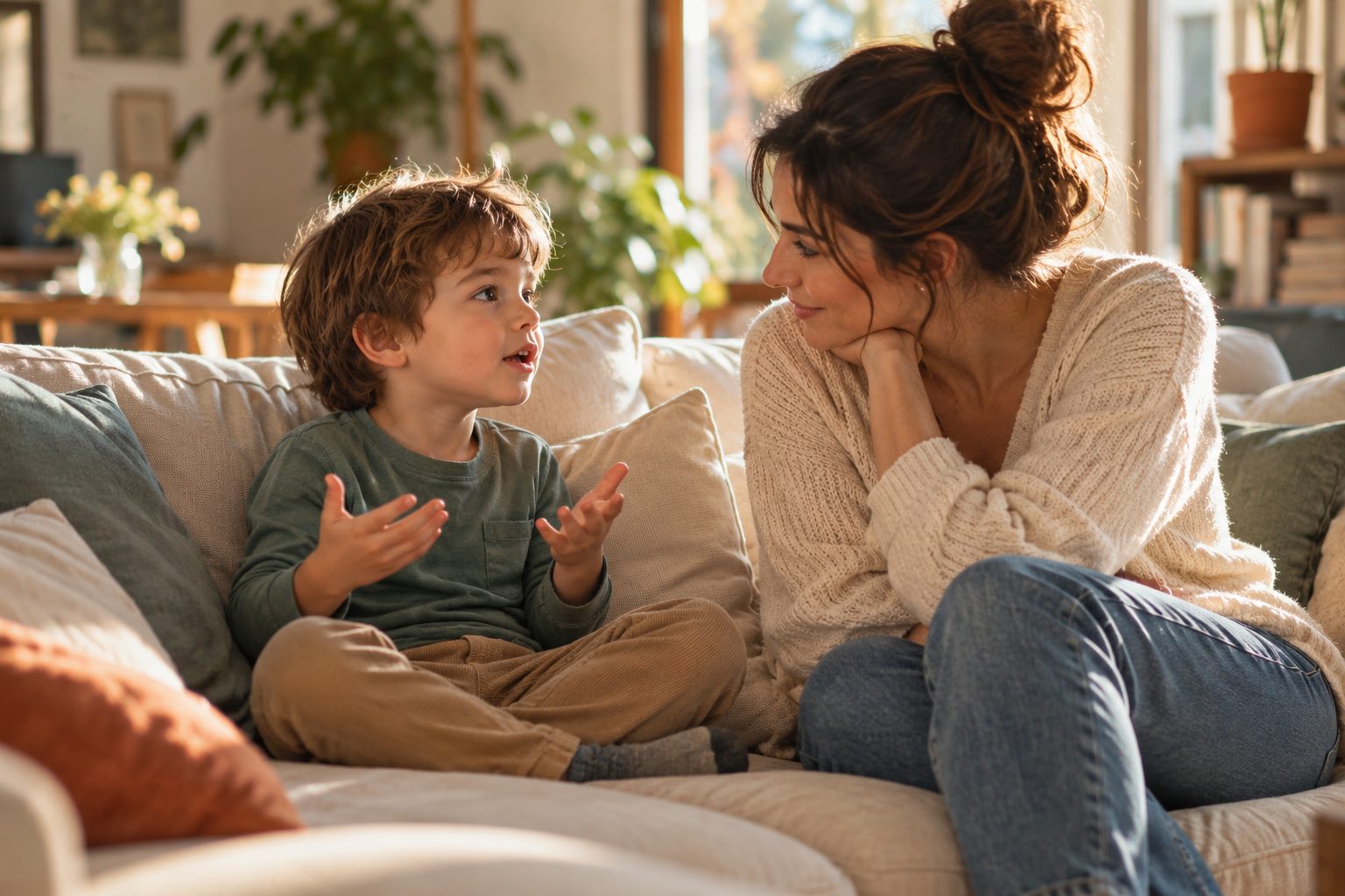 Bambino seduto sul divano che parla con la mamma, che lo ascolta con attenzione