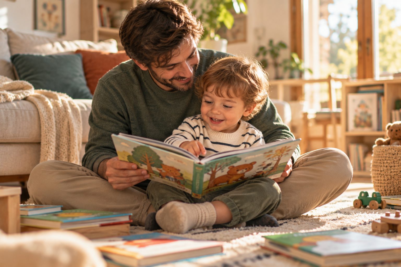 Papà che legge un libro illustrato al figlio piccolo seduti sul tappeto di casa