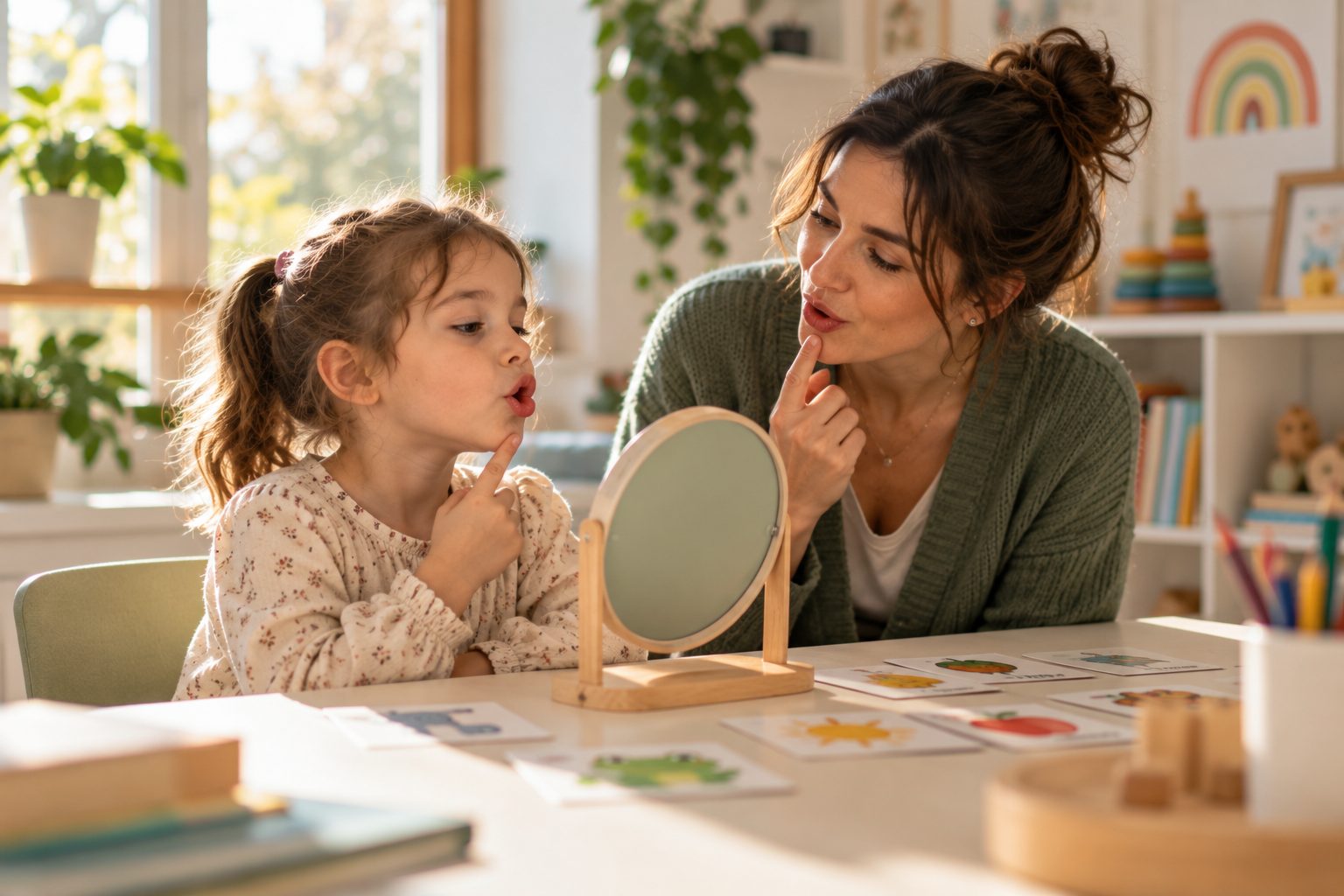 Logopedista e bambina a un tavolino con specchio e carte illustrate durante un esercizio di pronuncia
