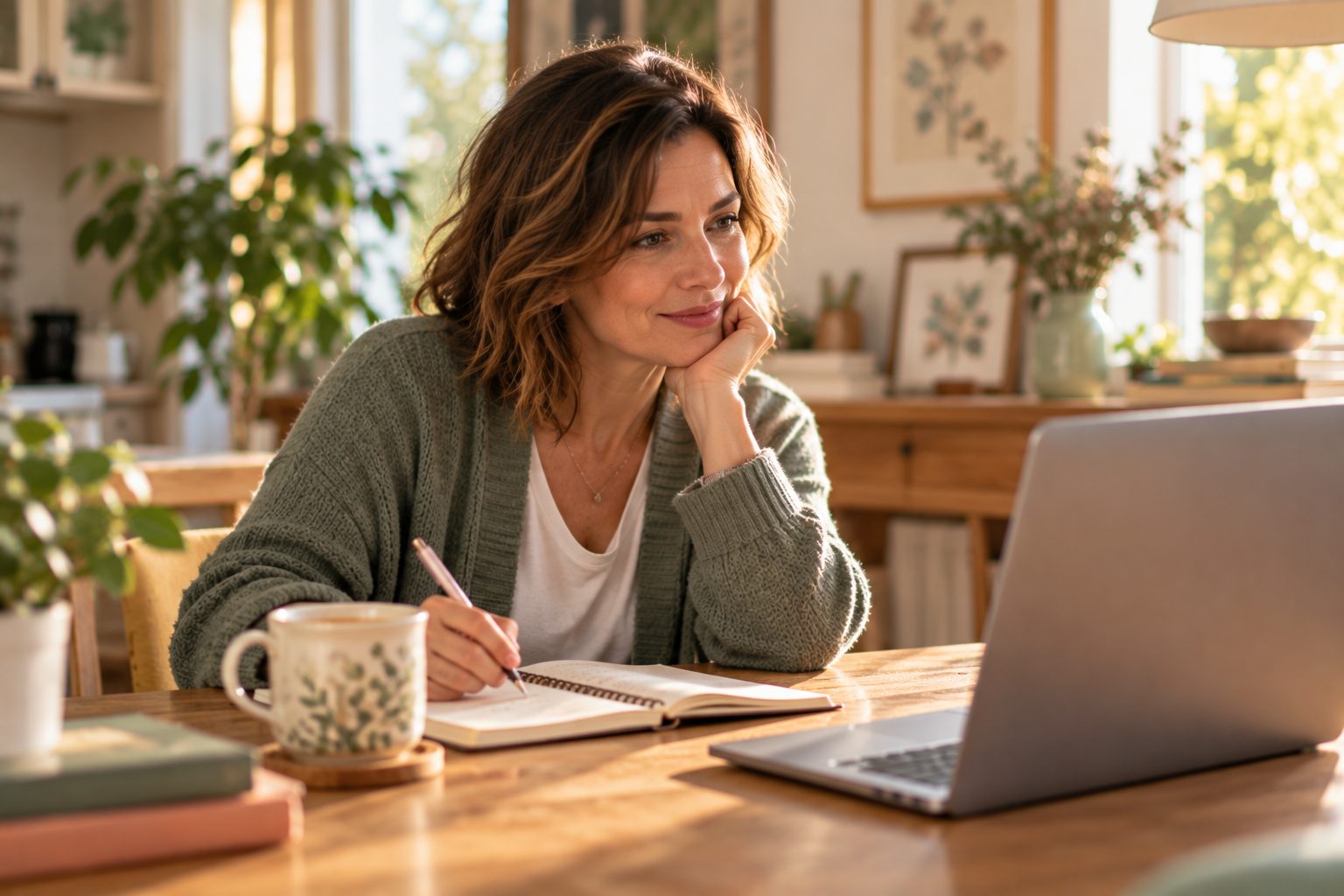 Donna seduta al tavolo di casa davanti al computer durante una seduta di logopedia online