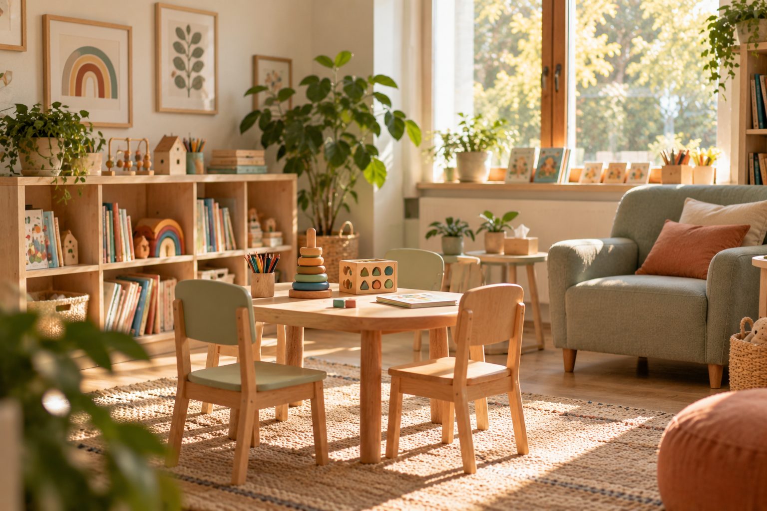 Studio logopedico accogliente con tavolino, giochi in legno e libri illustrati