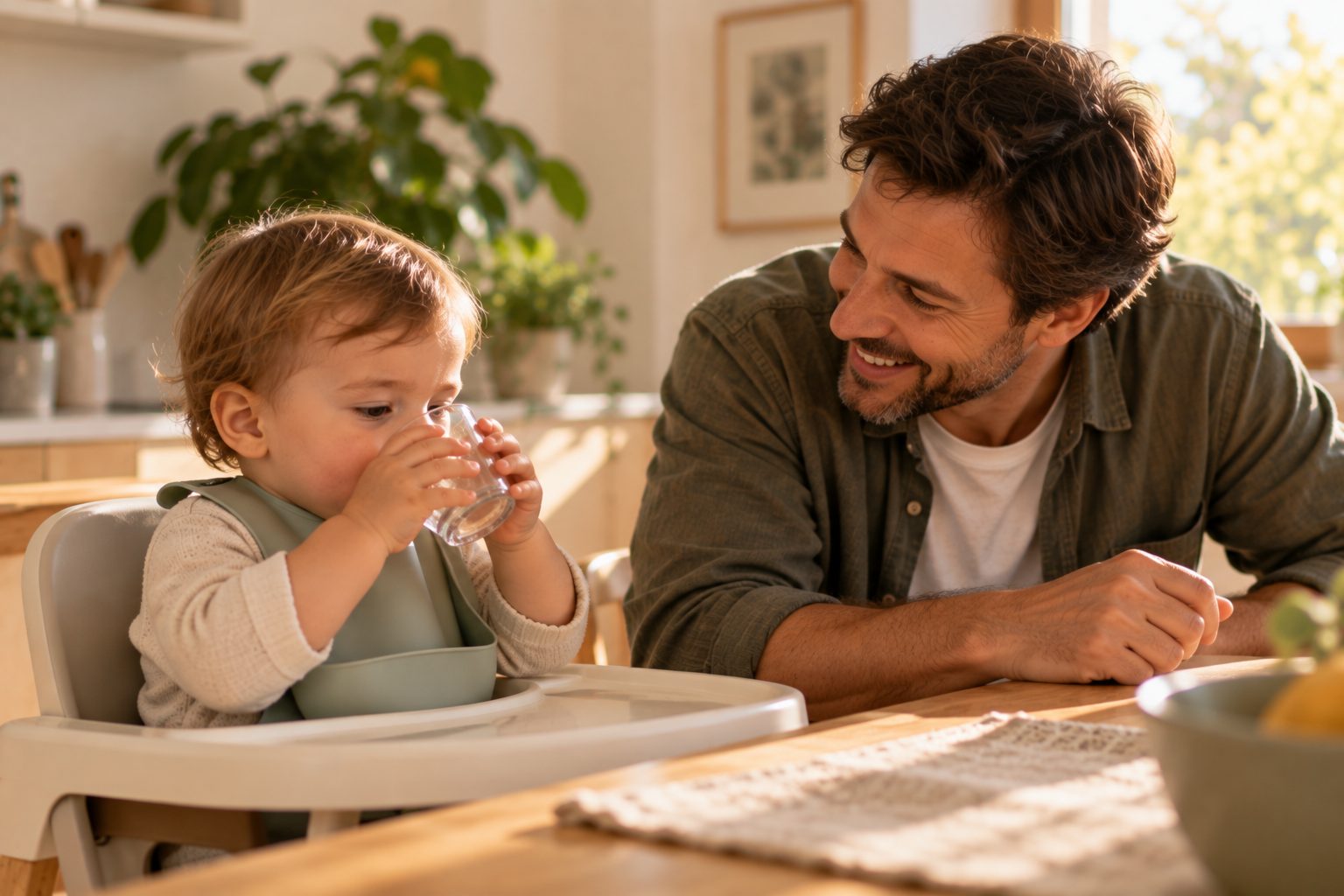 Bambino nel seggiolone che beve da un bicchiere, accanto al papà