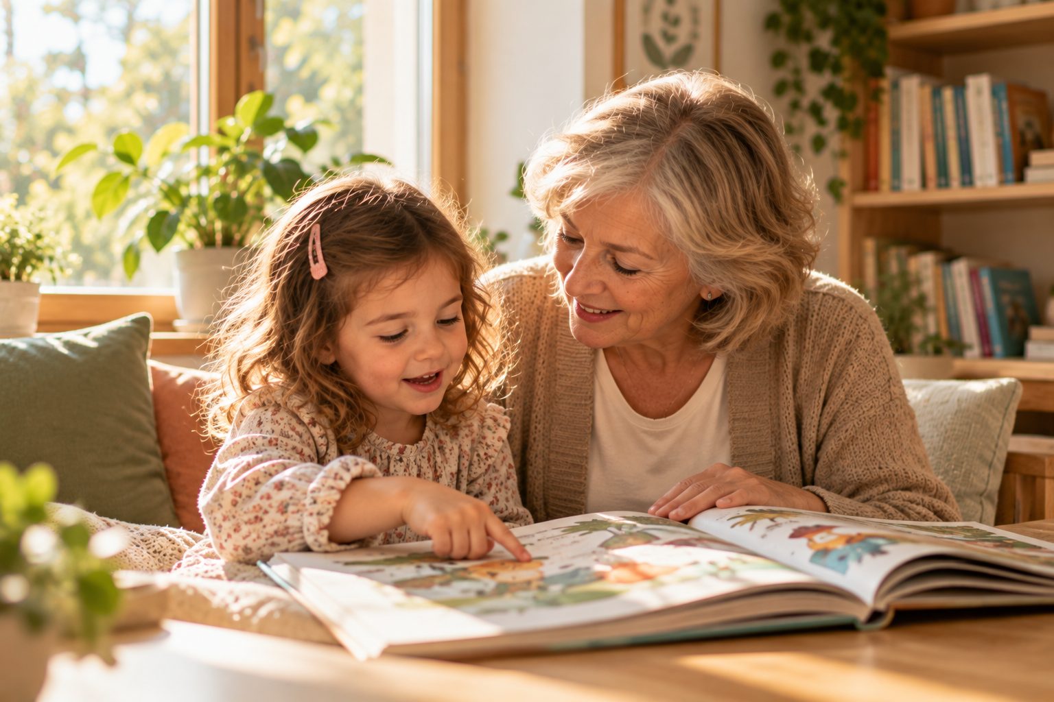 Nonna e bambina che leggono insieme un libro illustrato