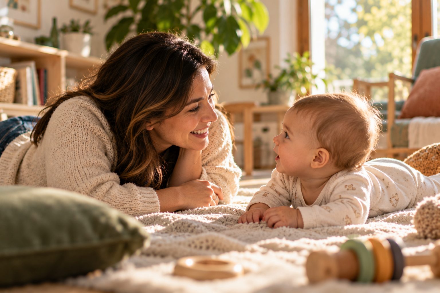 Mamma e bambino sdraiati sul tappeto che si guardano e sorridono